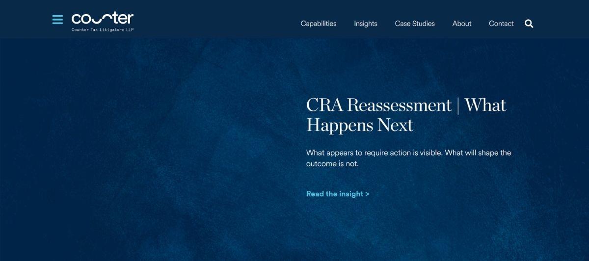 Hero banner: title 'CRA Reassessment | What Happens Next' on a dark blue textured background with a subtitle and top navigation bar.