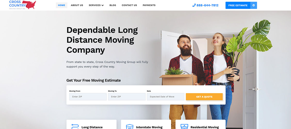 Homepage hero with a bearded man and woman holding boxes at a doorway, promoting dependable long-distance moving with a 'Get a Quote' form.