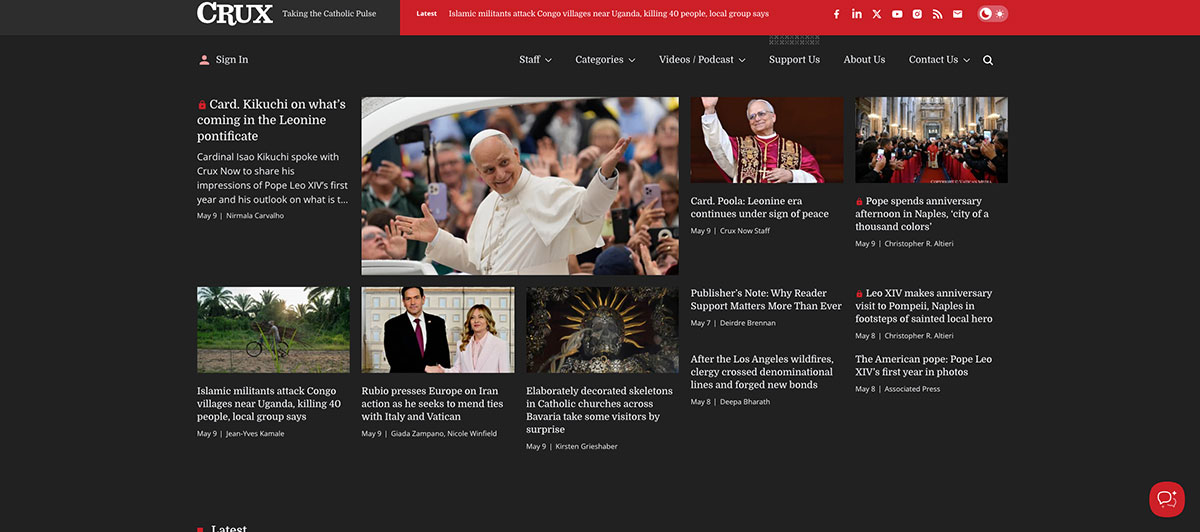 Homepage grid of Crux news articles featuring Pope Francis and Catholic coverage in a dark themed layout