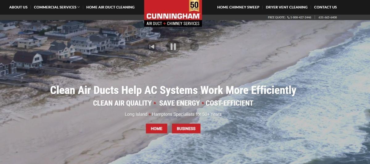 Hero banner showing a coastal neighborhood with an ocean shoreline, overlaid with text about clean air ducts and energy savings for Cunningham Air Duct & Chimney Services.