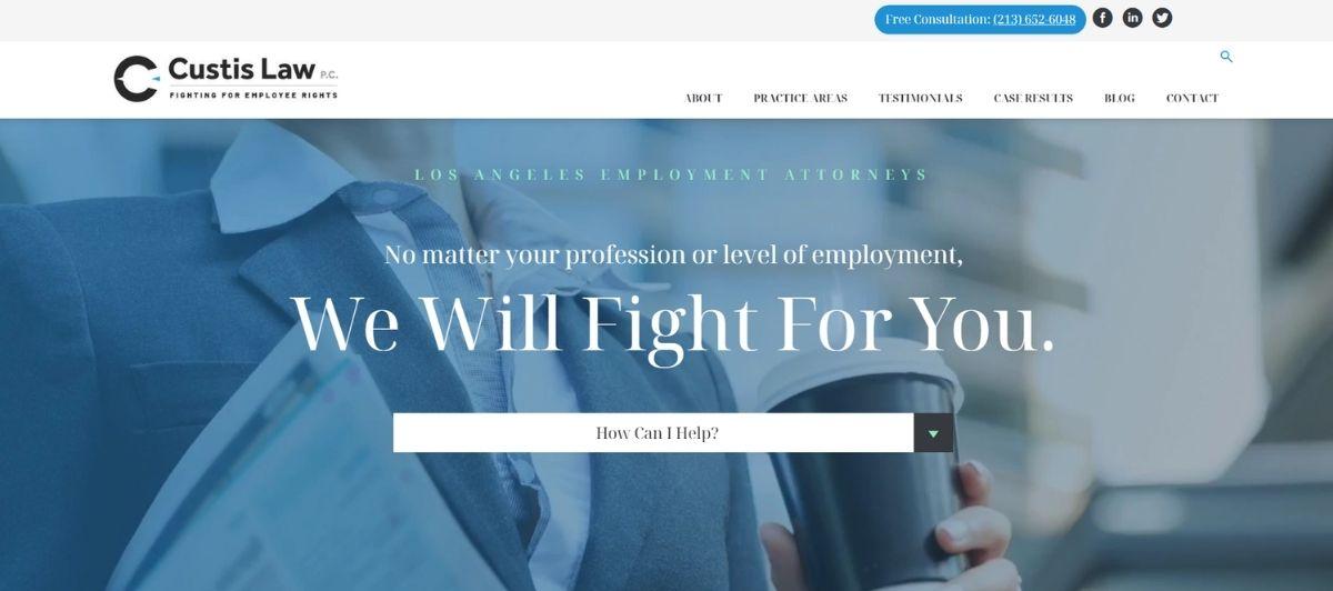 Custis Law hero banner with slogan 'We Will Fight For You' and a 'How Can I Help?' search field over a blurred background of a person in a suit holding a coffee cup.