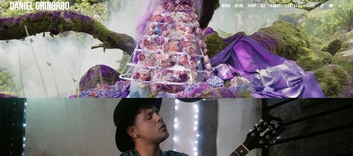 Two-panel hero image: a floral sculpture and purple fabric in a lush, mossy garden above; a male guitarist in a dim studio below.