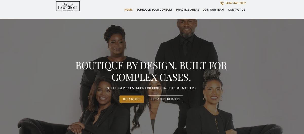 Diverse team of lawyers in black suits posing in a studio for a boutique law firm’s homepage, conveying professionalism and readiness for high-stakes cases (Davis Law Group).