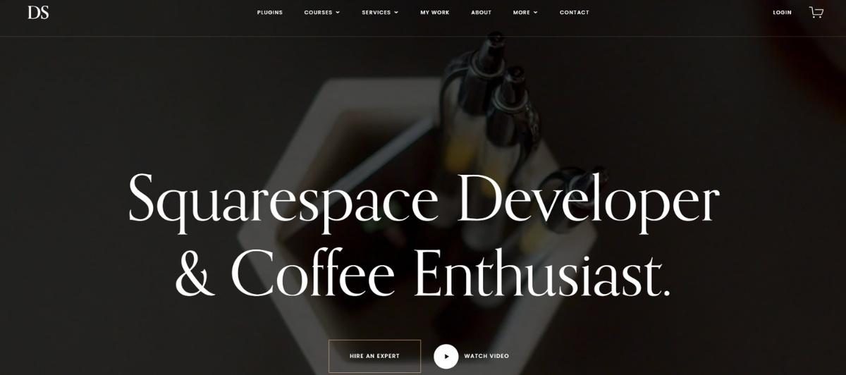 Hero banner with the text 'Squarespace Developer & Coffee Enthusiast' over a dark desk background with a pen container