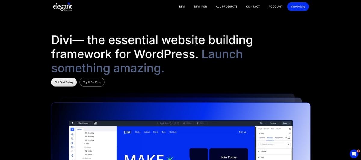 Hero section promoting Divi with bold white headline, two call-to-action buttons, and a blue gradient device mockup on a dark background.