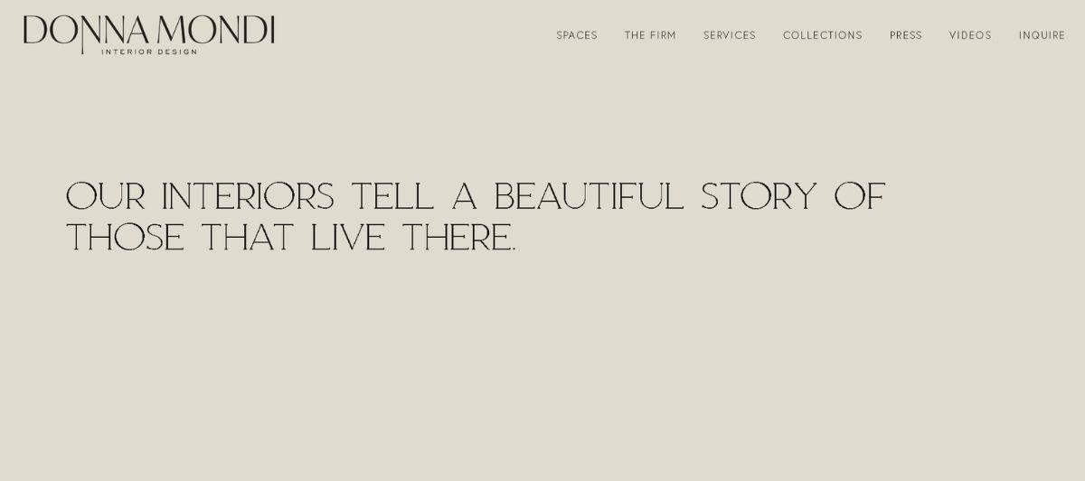 Homepage hero for Donna Mondi Interior Design on a beige background with the tagline: 'Our interiors tell a beautiful story of those that live there.'