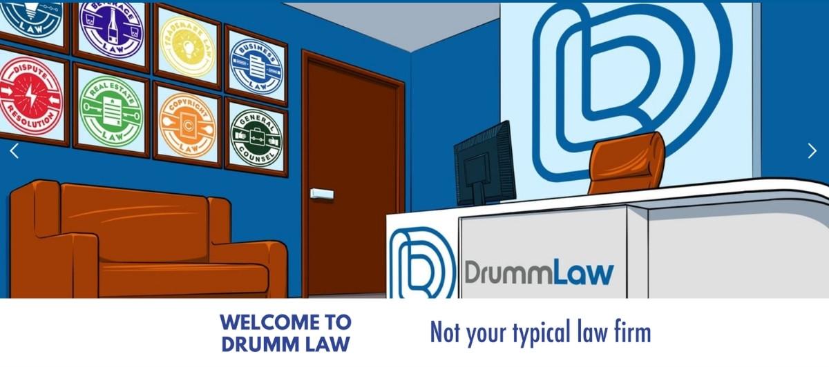 Cartoon reception area for Drumm Law with blue walls, a brown sofa, framed law-themed logos on the wall, and a white desk with a computer and orange chair featuring DrummLaw branding.
