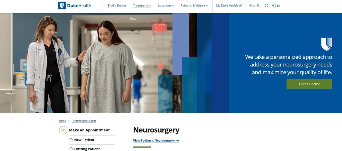 Doctor in a white coat walks beside a patient in a hospital hallway near a Duke Health neurosurgery banner with a 'Find a Doctor' button on blue background.