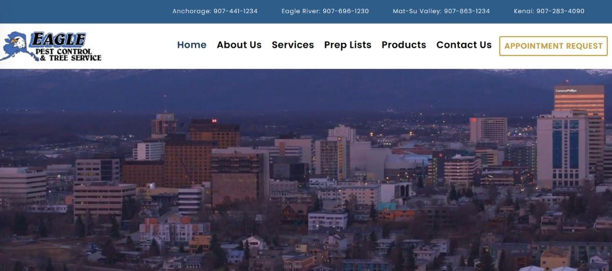 City skyline at dusk with a white website header bar and Eagle Pest Control logo in the top left.