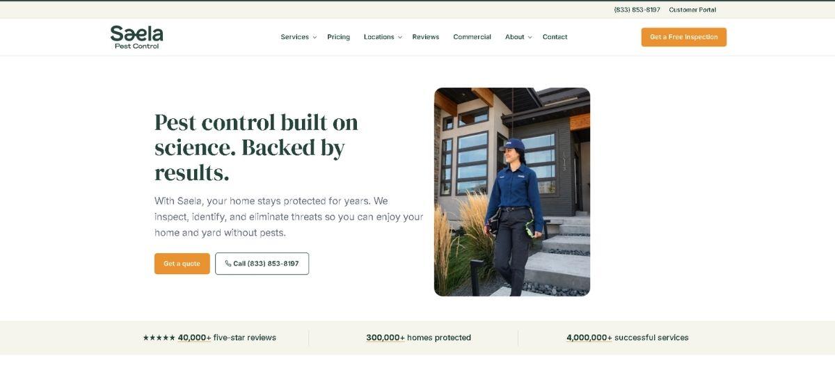 Hero section showing Saela Pest Control with a technician in front of a house on the right and marketing text on the left (pest control service vibe).