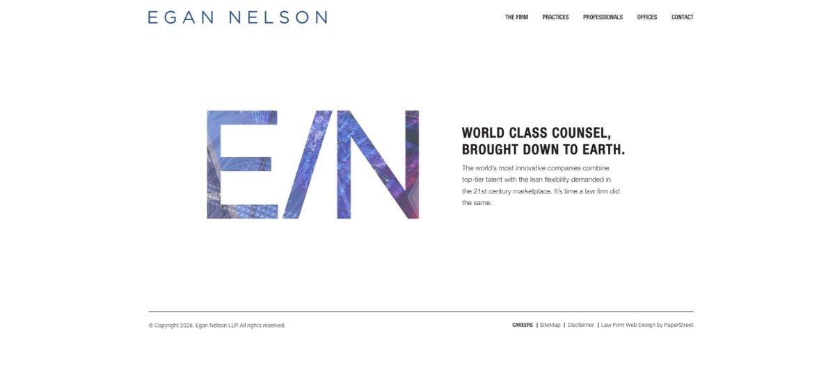 Egan Nelson branding with a large EN monogram graphic and the tagline “World class counsel, brought down to earth.”