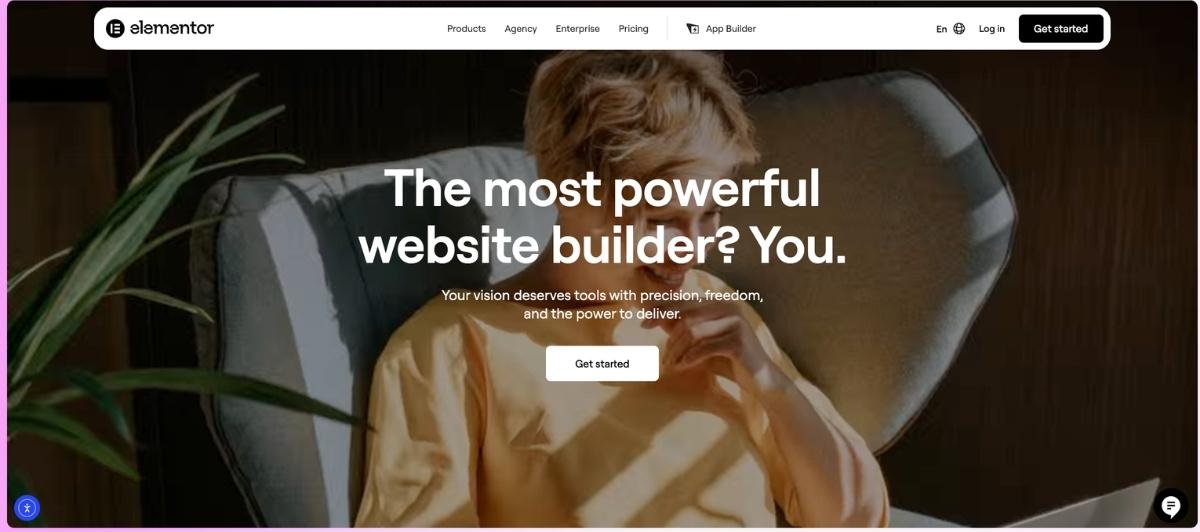 Hero banner for Elementor with a person seated in a chair and bold headline 'The most powerful website builder? You.' plus a 'Get started' button in the center.