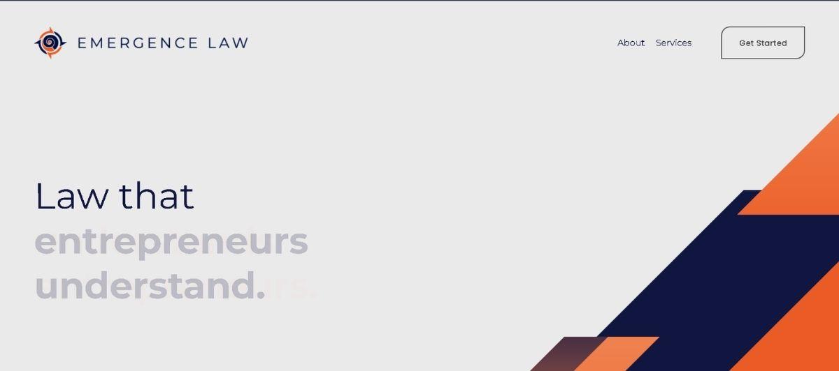 Emergence Law hero: logo and nav top, Get Started button; slogan 'Law that entrepreneurs understand' with orange and navy diagonal shapes.