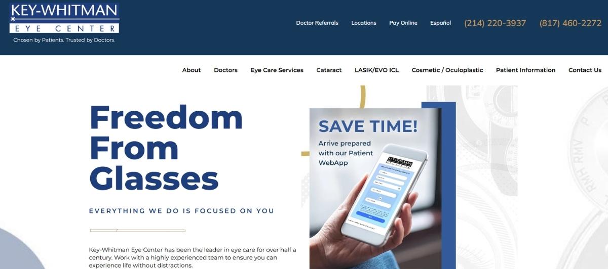 Hero banner promoting 'Freedom From Glasses' with large blue text and a smartphone app image beside it.