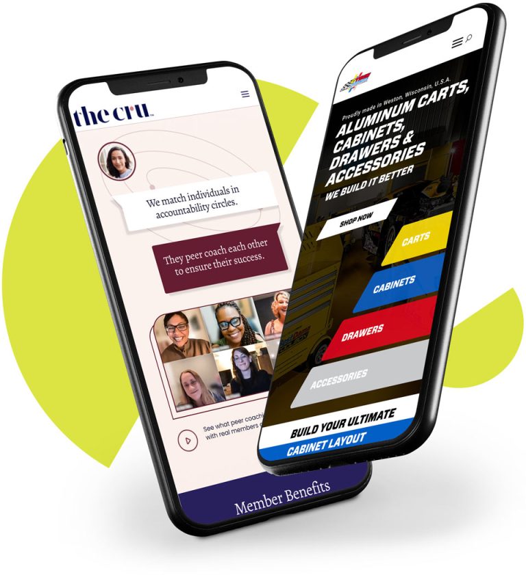Two smartphones floating with mockup of websites