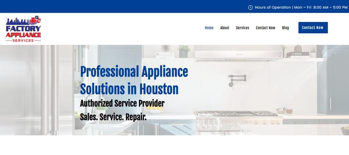 Hero banner for a Houston appliance service company: modern kitchen with bold blue text reading 'Professional Appliance Solutions in Houston' and 'Authorized Service Provider — Sales. Service. Repair.'