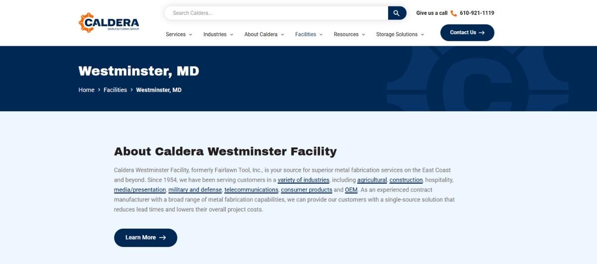 Caldera Westminster Facility page header with Westminster, MD title and navigation bar at top of the page.