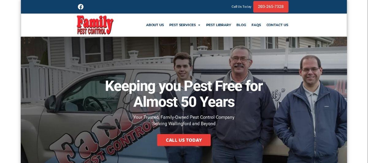 Three pest-control technicians stand in front of a company van, with the headline 'Keeping you Pest Free for Almost 50 Years' on the hero image.