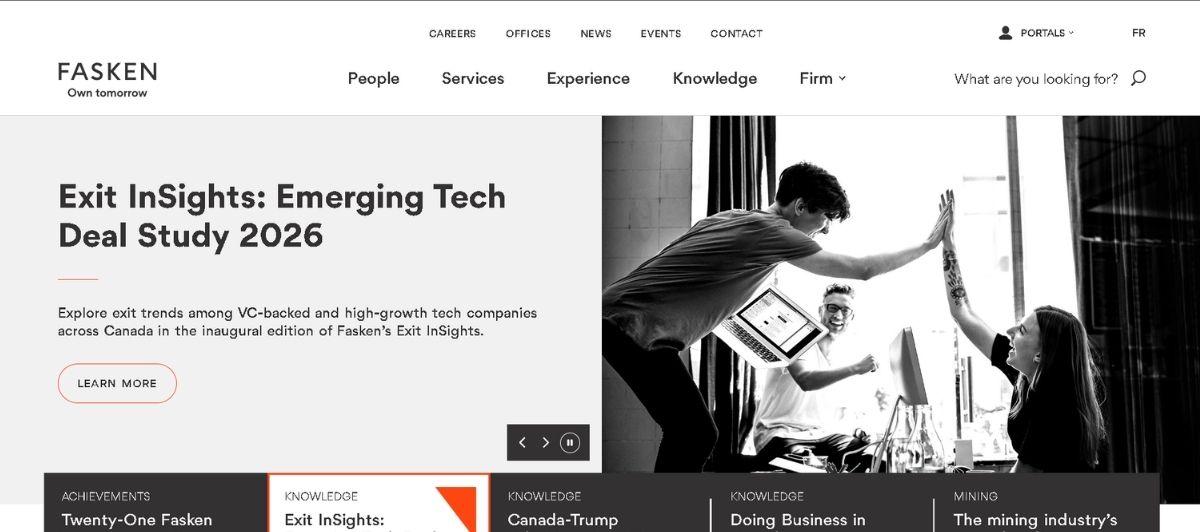 Hero banner: 'Exit InInsights: Emerging Tech Deal Study 2026' with a gray left panel and a black-and-white office-team high-five on the right (image conveys a study launch promo).