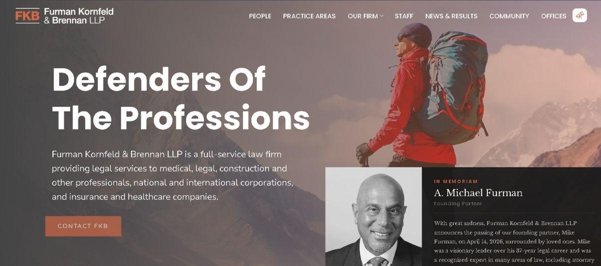 Hero banner for a law firm featuring a hiker with a backpack against mountain scenery; bold headline reads 'Defenders Of The Professions'.
