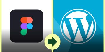 Left: Figma app icon with colorful rounded shapes on dark square; right: WordPress logo on blue background; arrow indicates design to website migration.