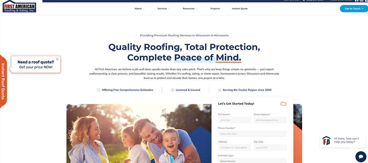 First American Roofing homepage hero with bold headline 'Quality Roofing, Total Protection, Complete Peace of Mind' and a smiling family photo with a contact form overlay on the right.