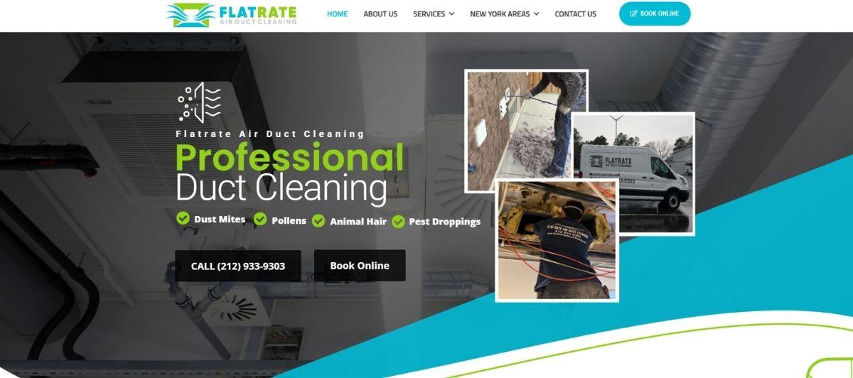 Hero banner for FlatRate Air Duct Cleaning: dark duct background, headline 'Professional Duct Cleaning' with photo collage.