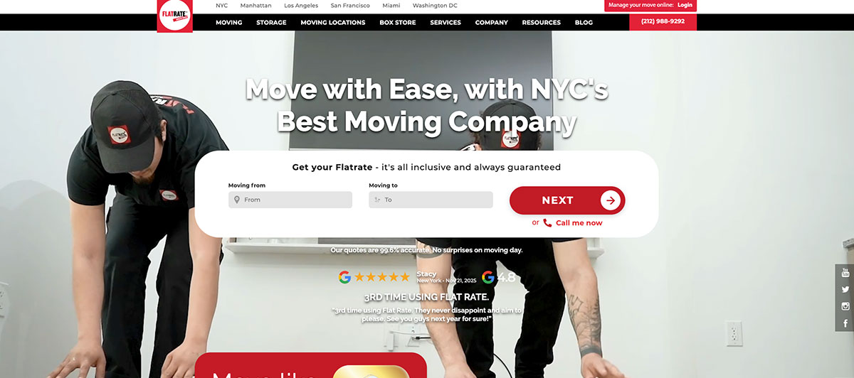 Two movers in black uniforms work on a move in a bright hero image, with a bold headline and a white rounded form overlay at center offering a quote.