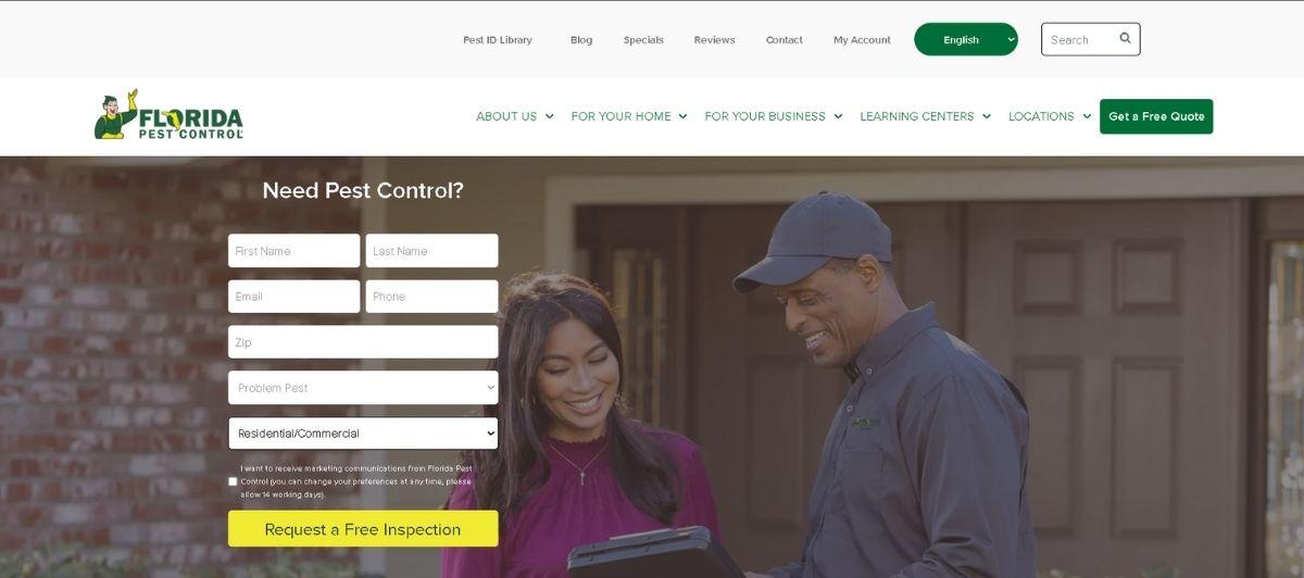 Florida Pest Control hero: a couple stands outside a house with a contact form overlaid, including fields for name, email, phone, and zip, and a yellow 'Request a Free Inspection' button.