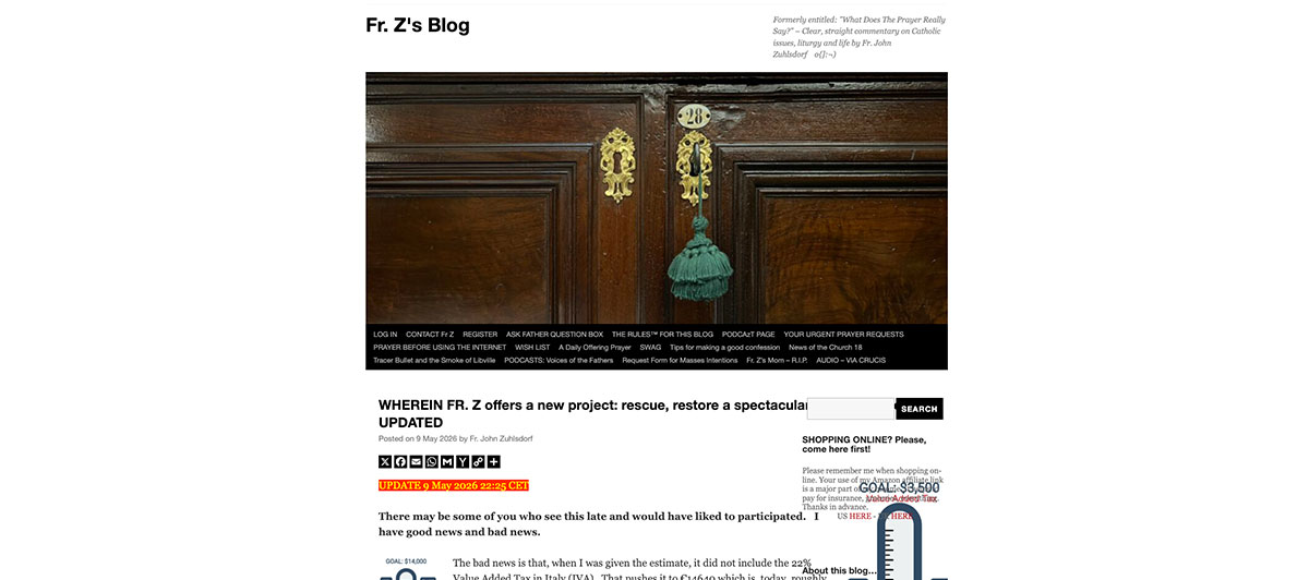 Blog header showing a wooden double door with brass handles and a green tassel, above Fr. Z's Blog title.