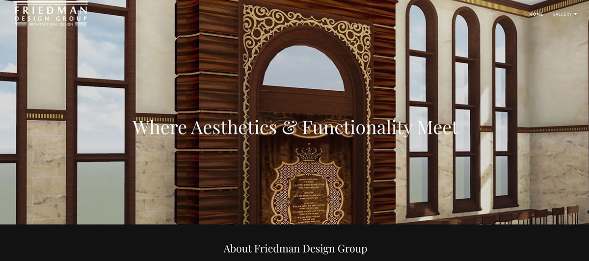 Hero banner on Friedman Design Group site showing ornate wooden archway with large arched window and decorative details; overlay text reads 'Where Aesthetics & Functionality Meet'.