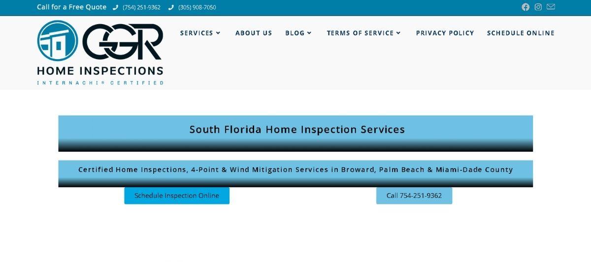Header for South Florida Home Inspection Services page with logo, two gradient blue service bars mentioning Florida inspection services, and two buttons: Schedule Inspection Online and Call 754-251-9362.