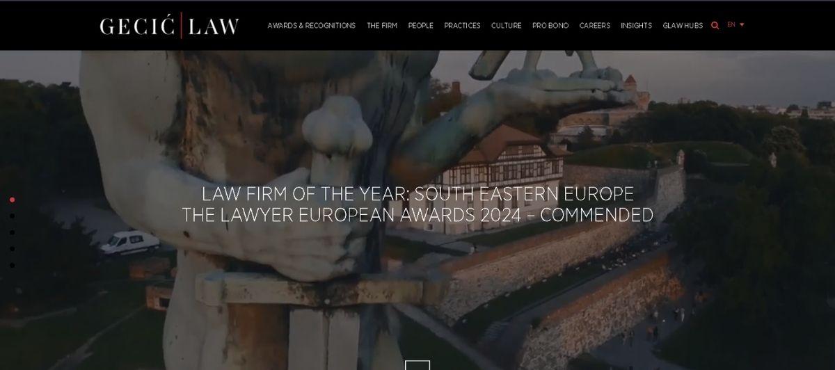 Hero banner from GECIC Law site showing a statue overlooking a fortress with an overlaid award announcement text about Law Firm of the Year 2024.