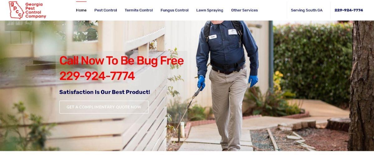 Pest control technician in uniform spraying the exterior of a house; overlaid text shows the phone number 229-924-7774 and a call-to-action banner.