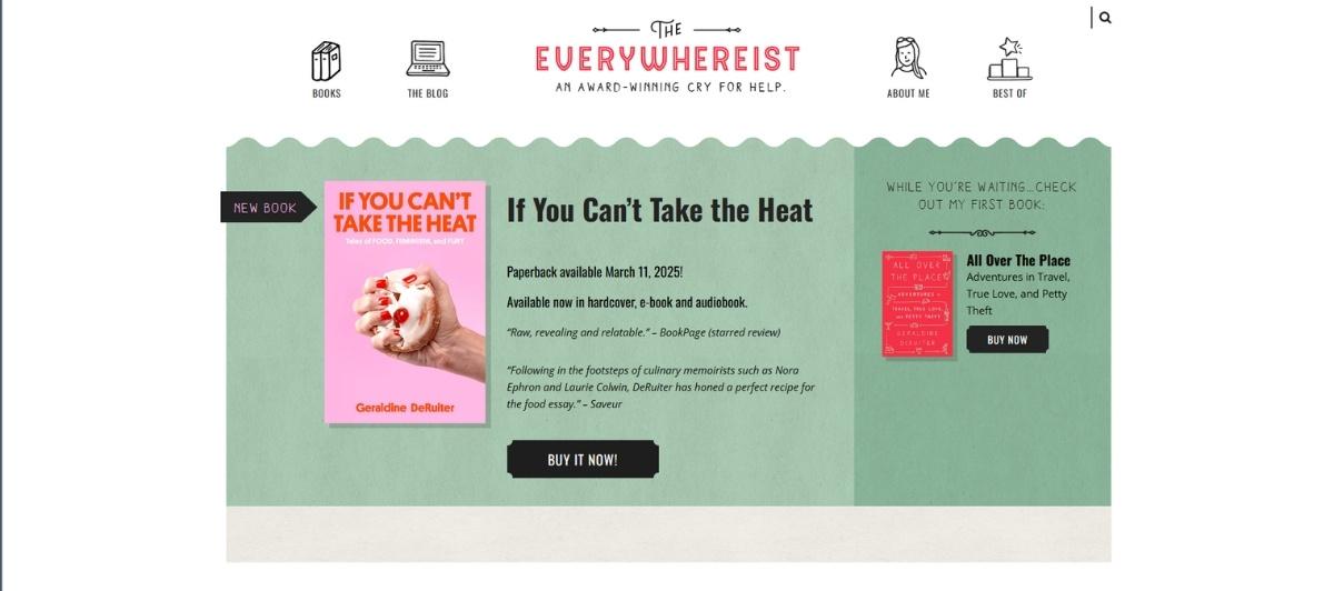 Hero banner advertising The Everywhereist's book If You Can't Take the Heat, with a pink cookbook cover on a green background and a Buy It Now button