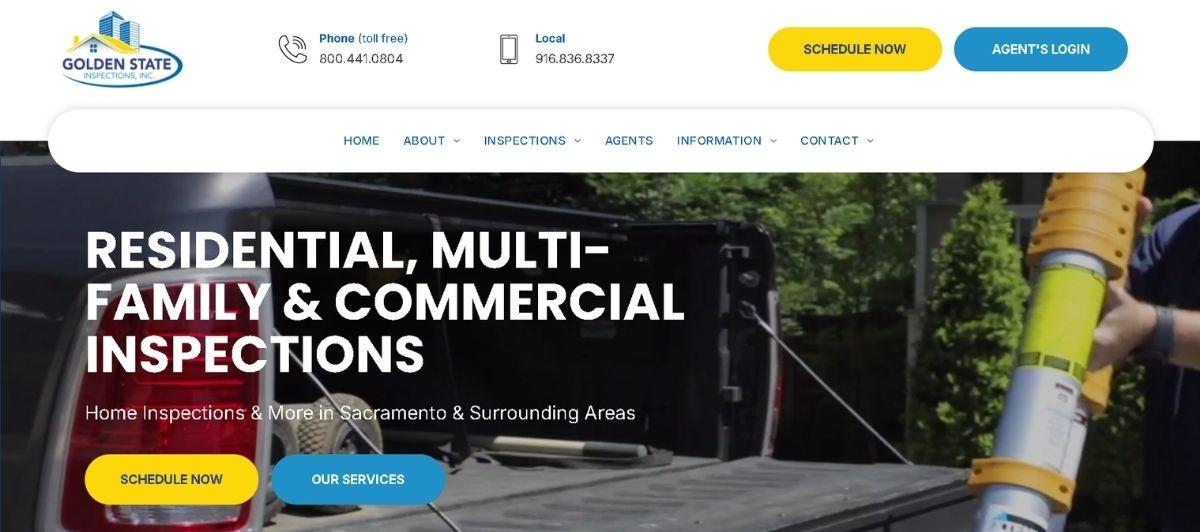 Hero banner with bold white text announcing Residential, Multi-Family & Commercial Inspections over a service vehicle image and two CTAs: Schedule Now and Our Services.