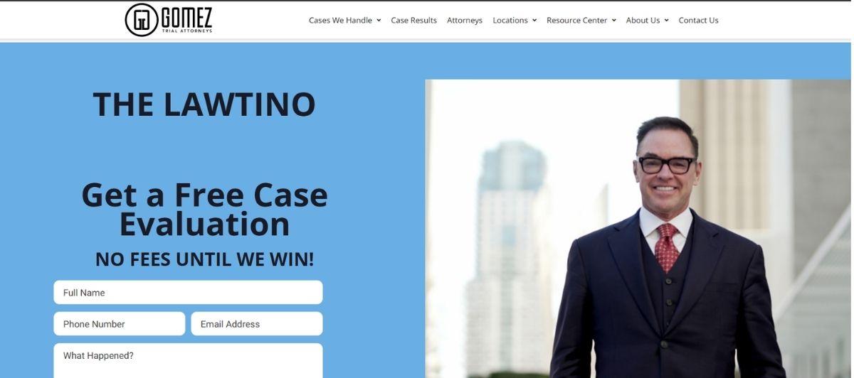 Hero section for a law firm: blue panel with 'THE LAWTINO' and 'Get a Free Case Evaluation' form; right shows a smiling man in a dark suit outdoors with city buildings in the background.