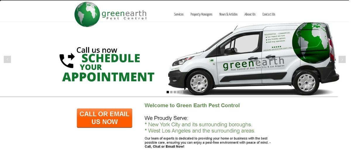 Green Earth Pest Control homepage hero with a white service van on the right and bold 'Schedule your appointment' CTA on the left.