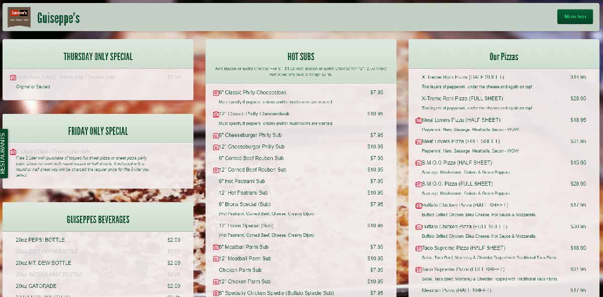Restaurant menu on web page
