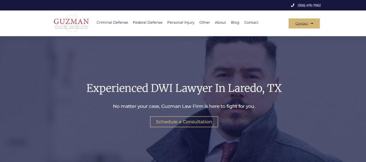 Hero section for a DUI law firm: 'Experienced DWI Lawyer In Laredo, TX' with a 'Schedule a Consultation' button and a background image of a suited lawyer