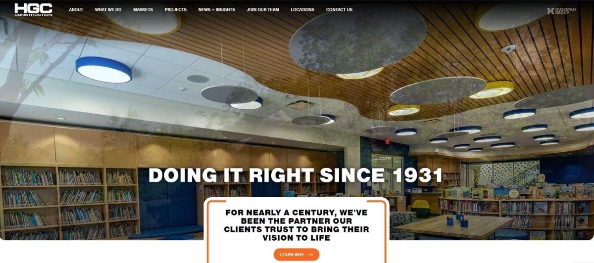 Hero banner: modern library interior with bookshelves and circular ceiling lights; bold headline 'DOING IT RIGHT SINCE 1931'.