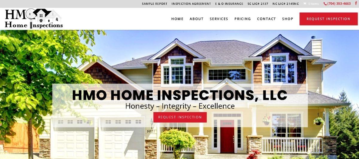 Homepage hero: two-story suburban house with a front porch, overlaid with the text 'HMO Home Inspections, LLC' and a red 'Request Inspection' button.