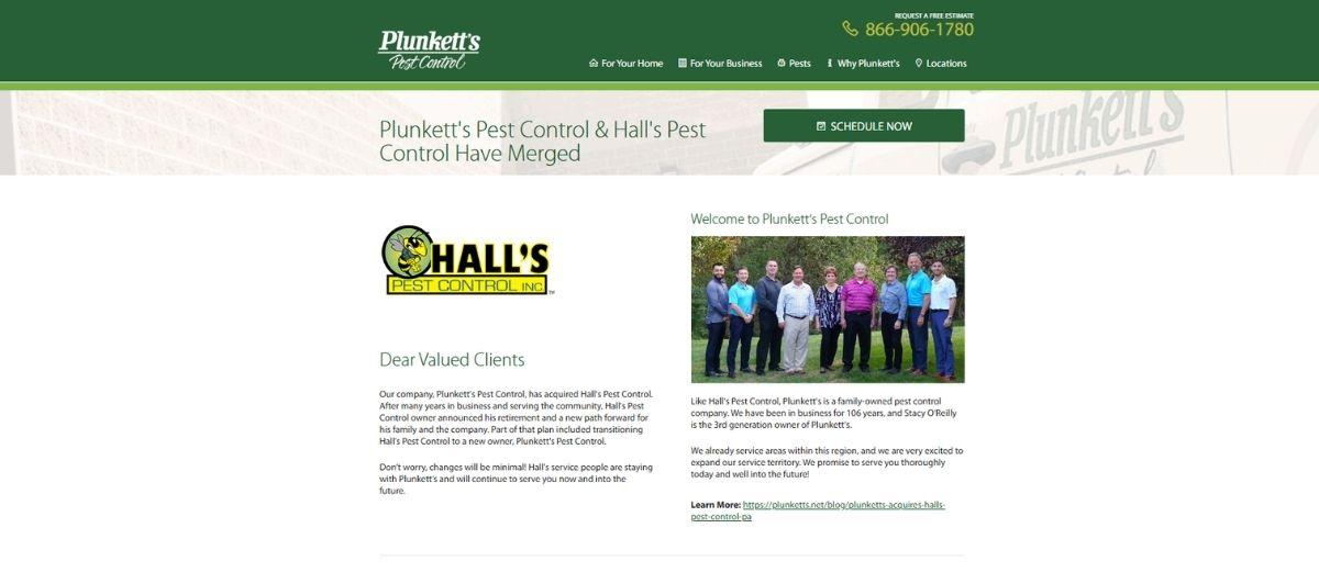 Announcement page: Plunkett's merges with Hall's Pest Control; logos displayed with a group staff photo.