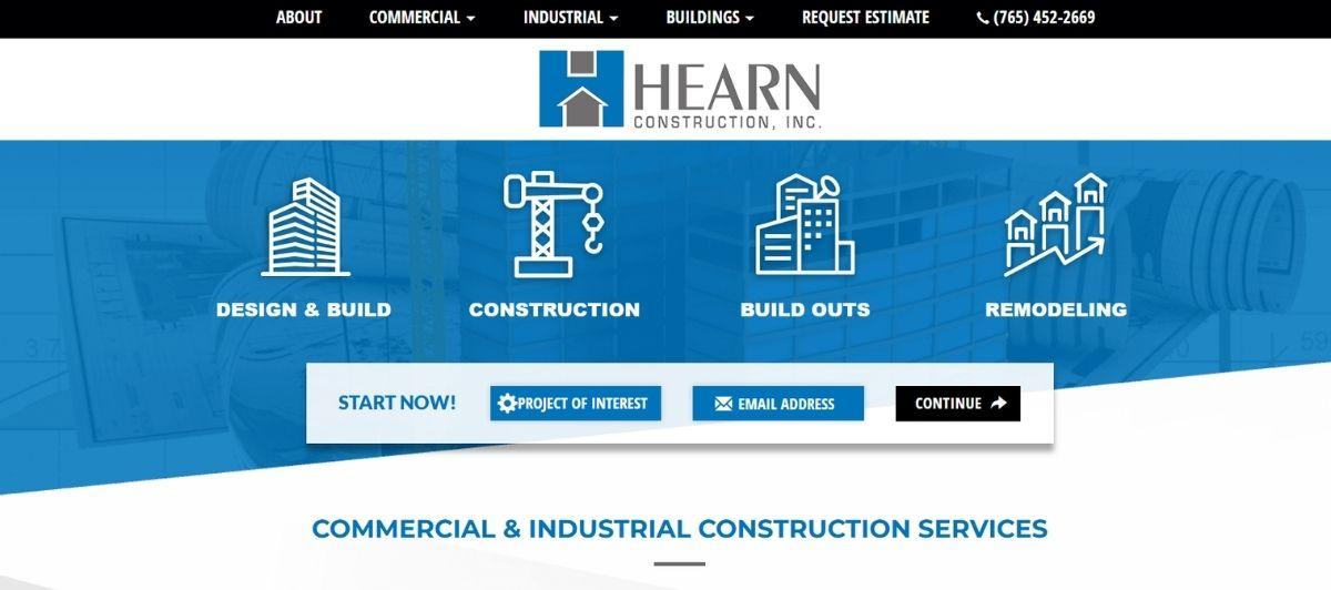 Hero banner for Hearn Construction with four service icons: Design & Build, Construction, Build Outs, Remodeling, and a Start Now bar below the icons.