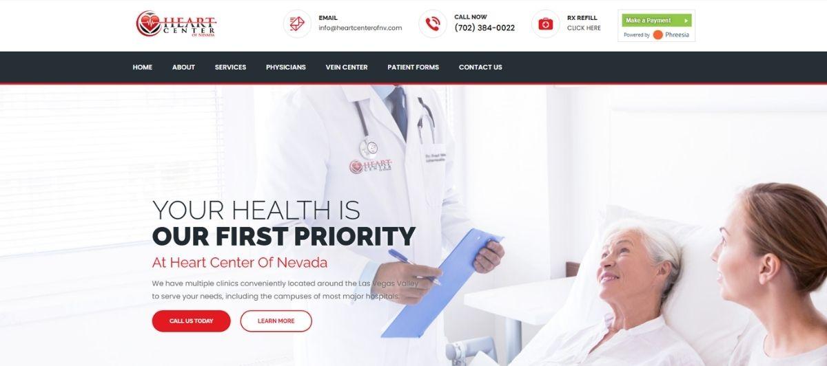 Doctor in a white coat with stethoscope consults an elderly patient in bed; hospital scene with bold headline 'Your Health Is Our First Priority' on the left.