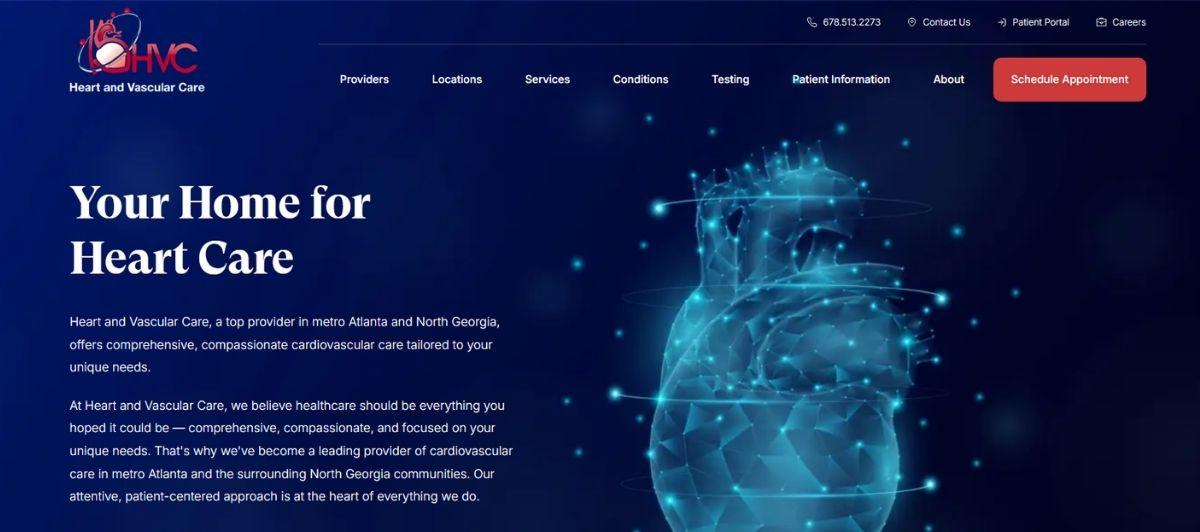 Hero image for Heart and Vascular Care site: dark blue background, left-aligned headline 'Your Home for Heart Care' with body text, right-side glowing digital heart illustration.
