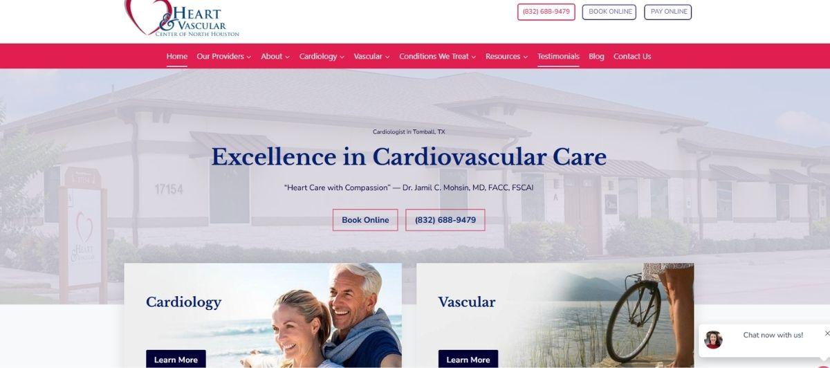 Hero banner for Heart & Vascular Center of North Houston: 'Excellence in Cardiovascular Care' with Book Online and phone options.