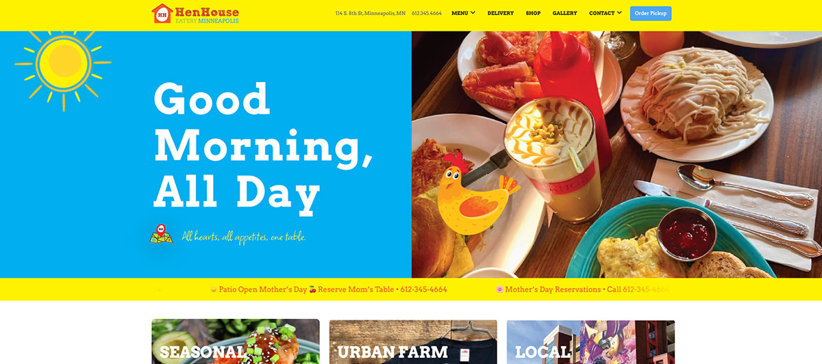 Hen House Bakery website hero: blue panel with 'Good Morning, All Day' beside a breakfast photo and sun graphic, with bright yellow header and footer bars.