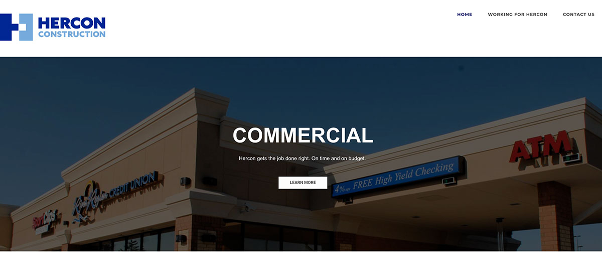 Header with Hercon Construction logo and navigation; large hero image of a commercial building with the word 'COMMERCIAL' and a 'Learn More' button.