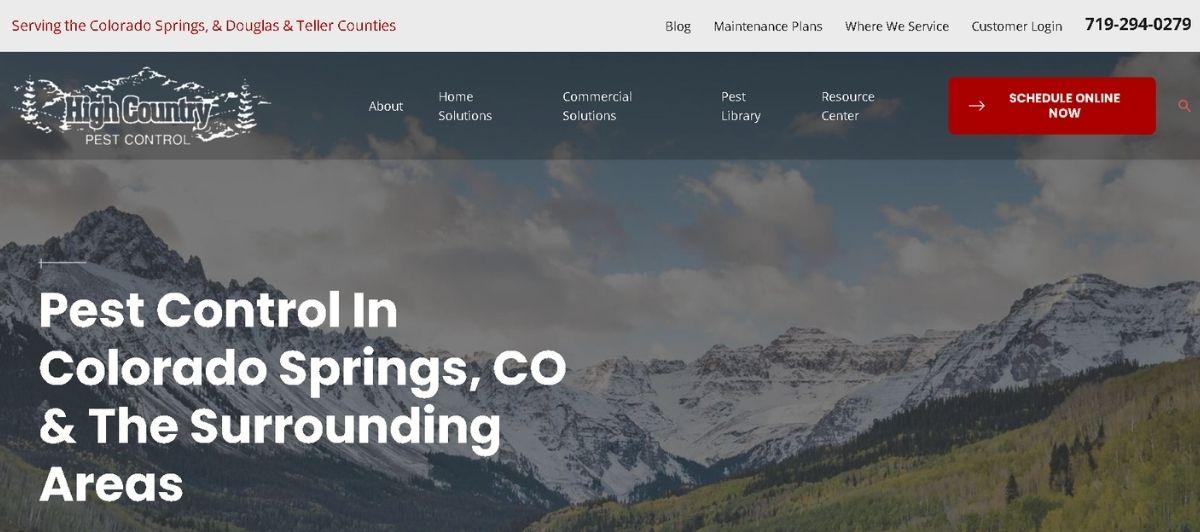 Hero banner for High Country Pest Control: snowy mountains with the headline 'Pest Control in Colorado Springs, CO & The Surrounding Areas'.